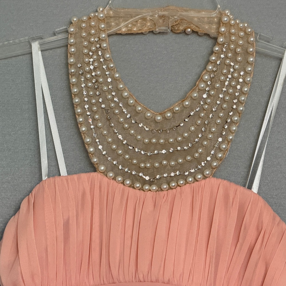 City Triangles Pearl Halter Mesh Maxi Dress Womens Size 3 Blush Pink Formal Prom - Picture 7 of 14